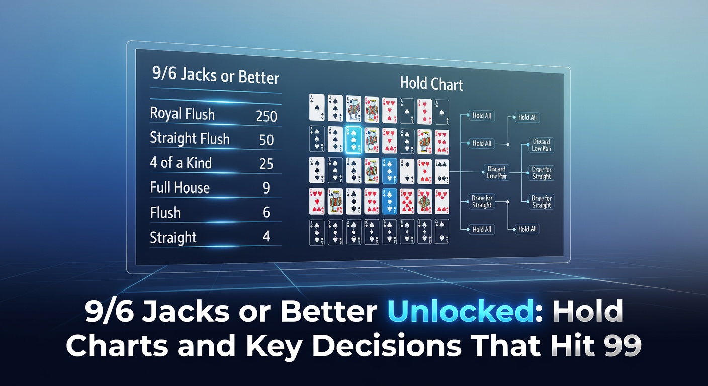 Detailed hold chart for 9/6 Jacks or Better showing optimal discards for various hand rankings from royal flush to high card