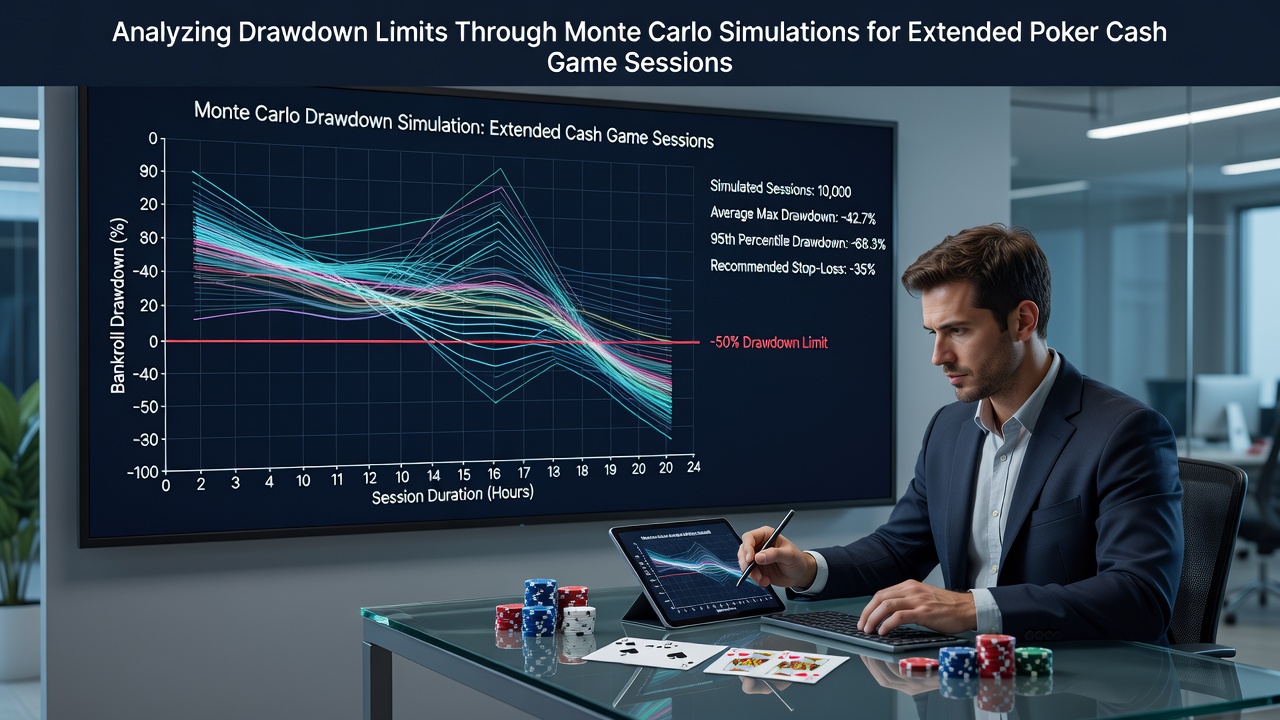 Poker table setup with simulation graphs overlay showing drawdown analysis in cash games