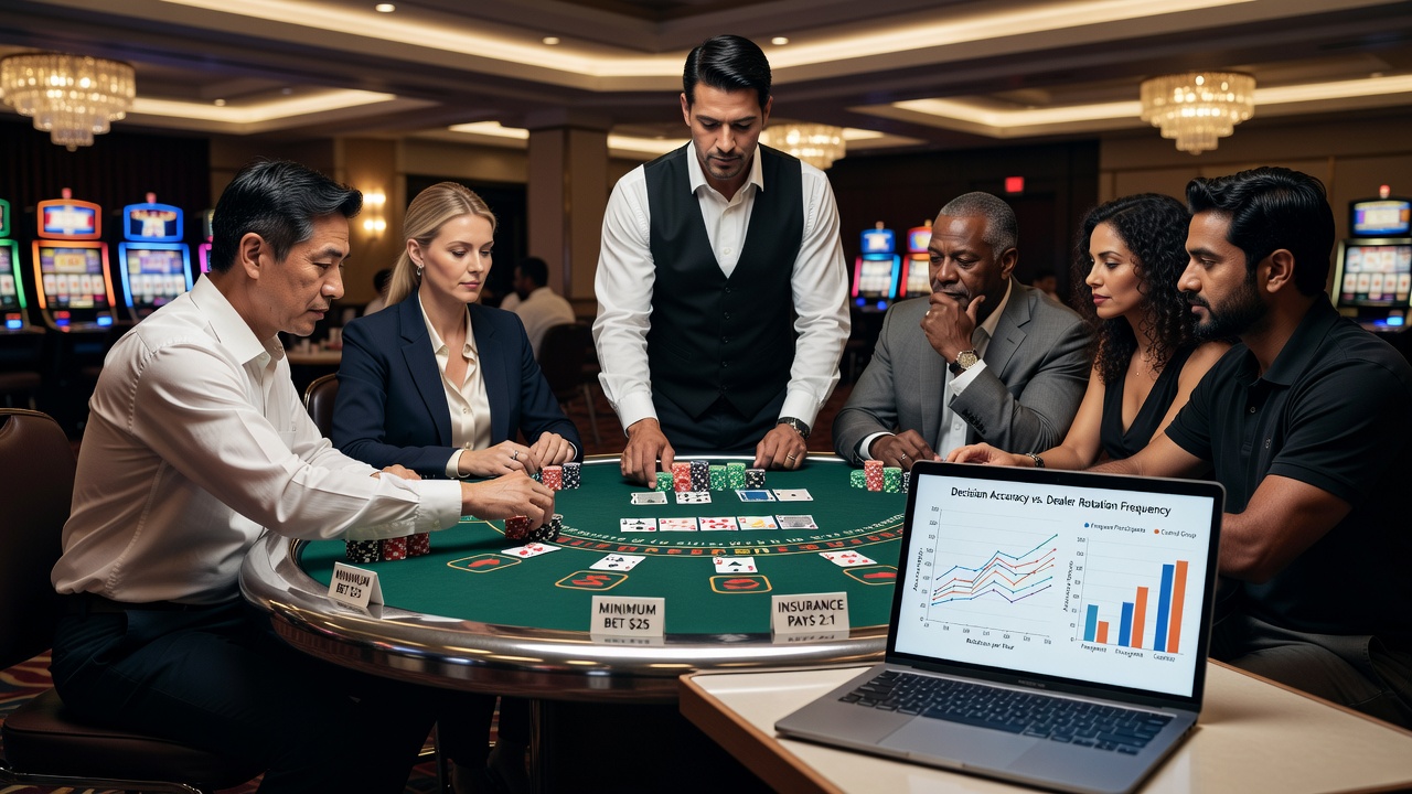 Blackjack table with dealer rotation in progress during a busy casino shift