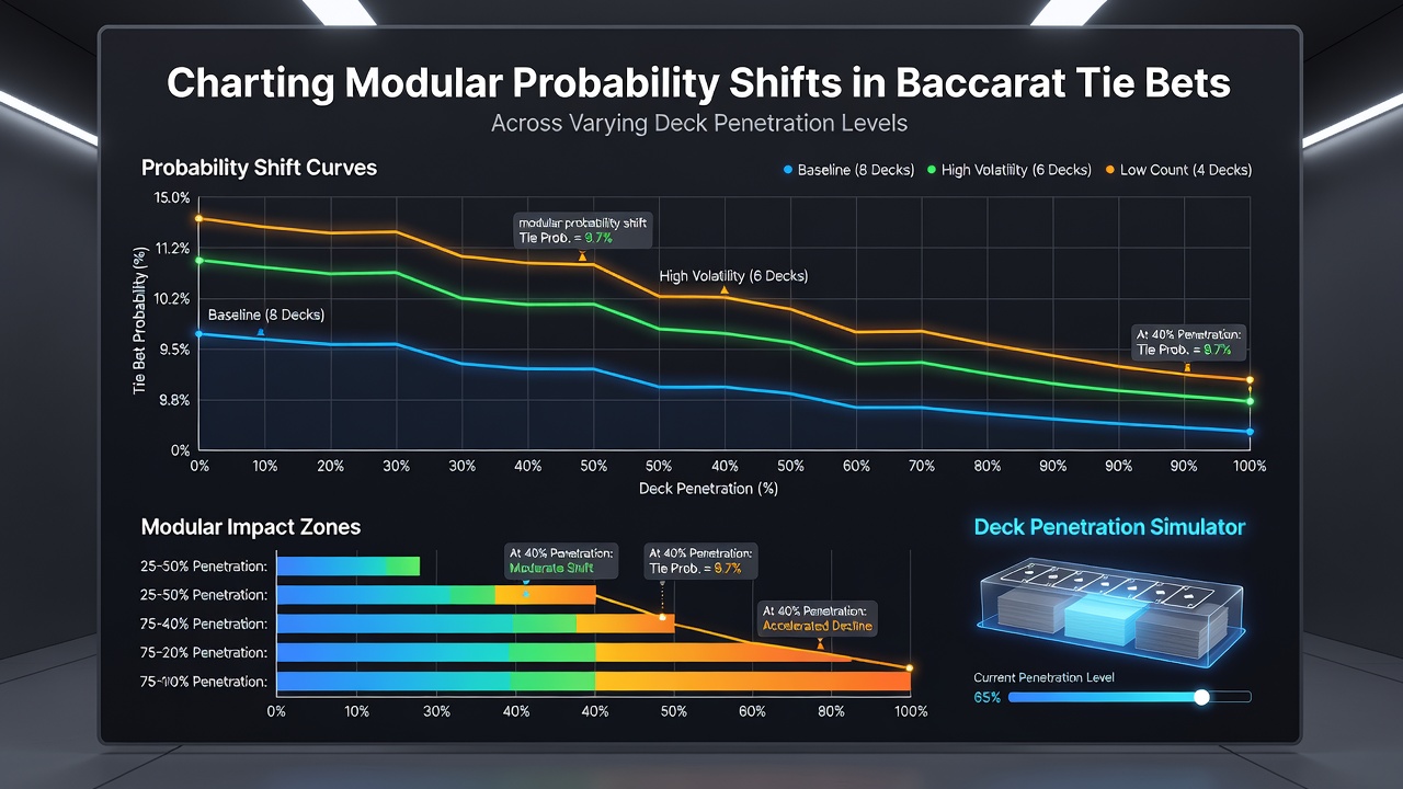 Graph illustrating tie bet probability curves segmented by deck penetration modules in eight-deck baccarat shoes
