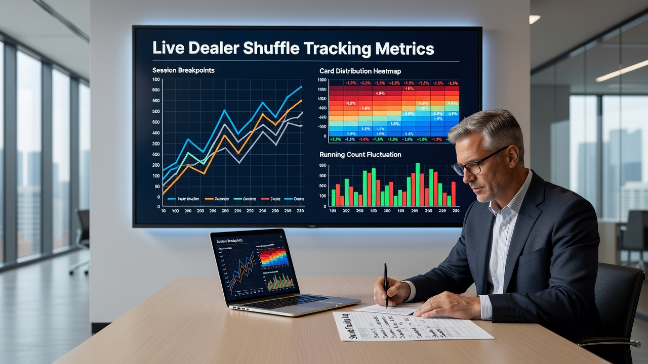 Live dealer blackjack table with shuffle tracking metrics overlay showing card distribution patterns