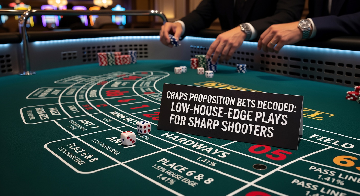 Close-up of dice showing a hard eight amid a bustling craps table, with proposition bet markers illuminated under casino lights