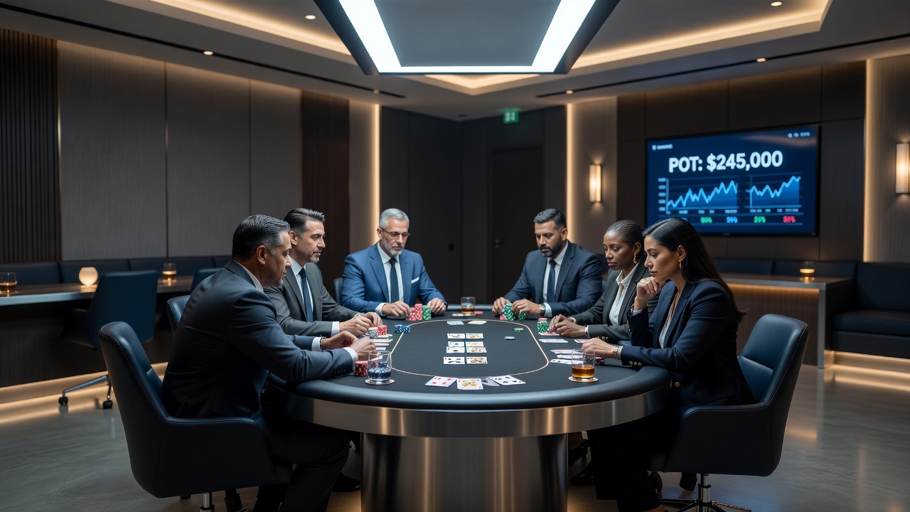 Card room table layout with players and environmental elements visible