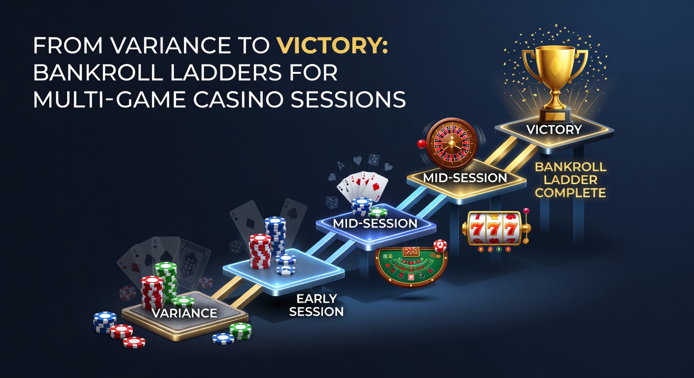 Graph showing bankroll fluctuations over multi-game casino sessions, highlighting ladder progression from low to high stakes