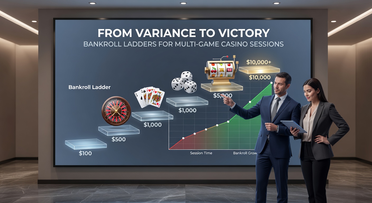 Infographic depicting a multi-tier bankroll ladder with icons for blackjack, video poker, and baccarat, showing progression arrows and variance curves