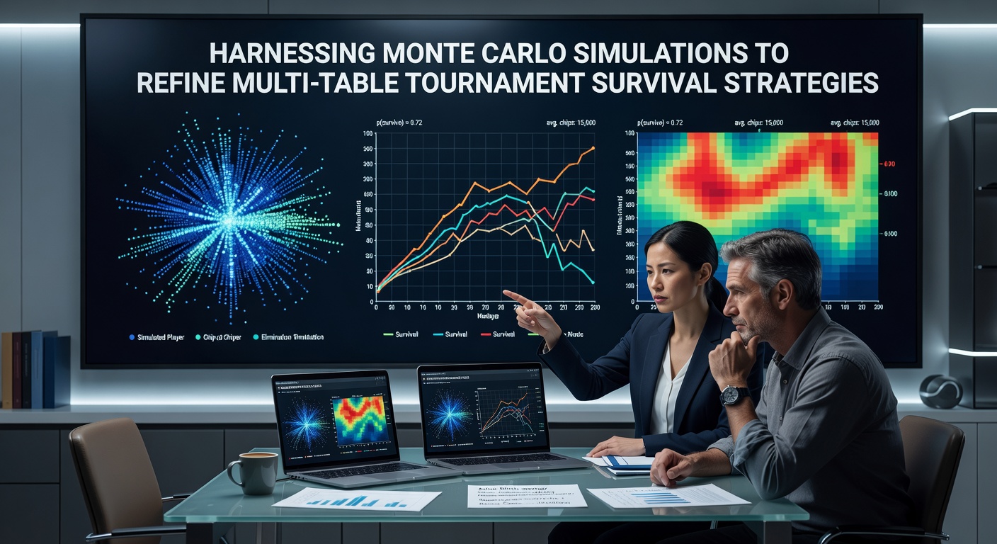Poker players analyzing tournament data on screens with simulation overlays