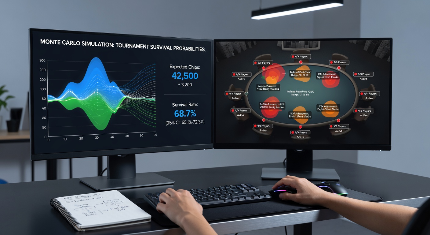 Detailed charts and graphs showing Monte Carlo simulation results for poker tournament stacks