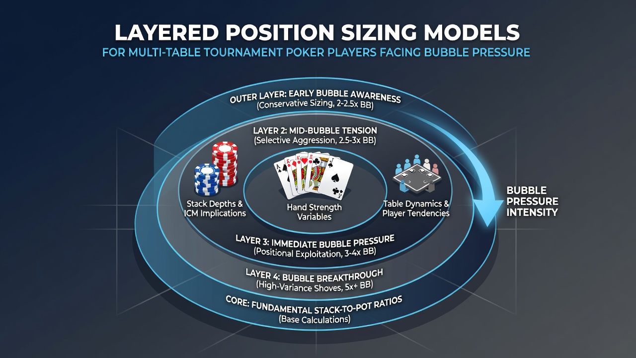 Poker player analyzing stack sizes and position at a multi-table online tournament during bubble play