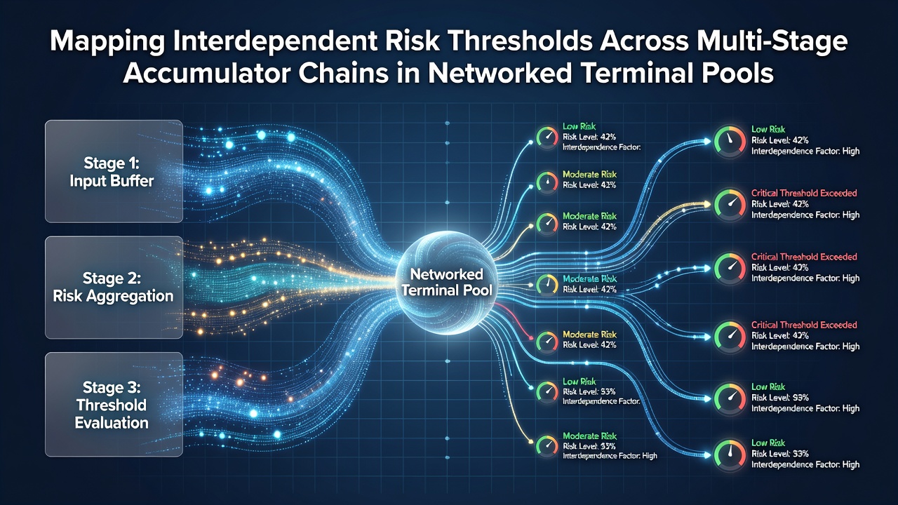 Network diagram illustrating interconnected accumulator stages and risk thresholds across terminal pools