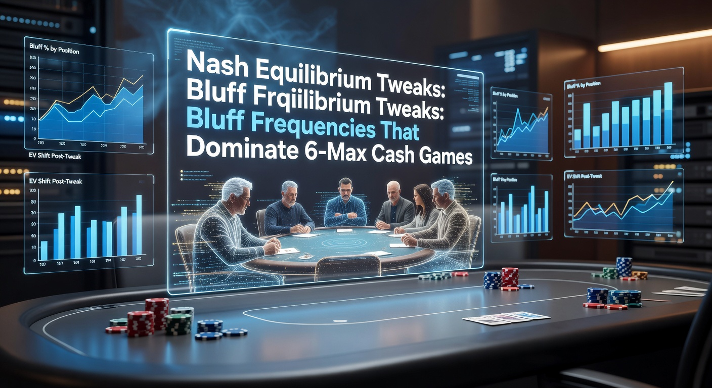 Digital poker solver displaying Nash equilibrium charts for 6-max cash game bluff ranges, highlighting optimal frequencies in button vs big blind spots