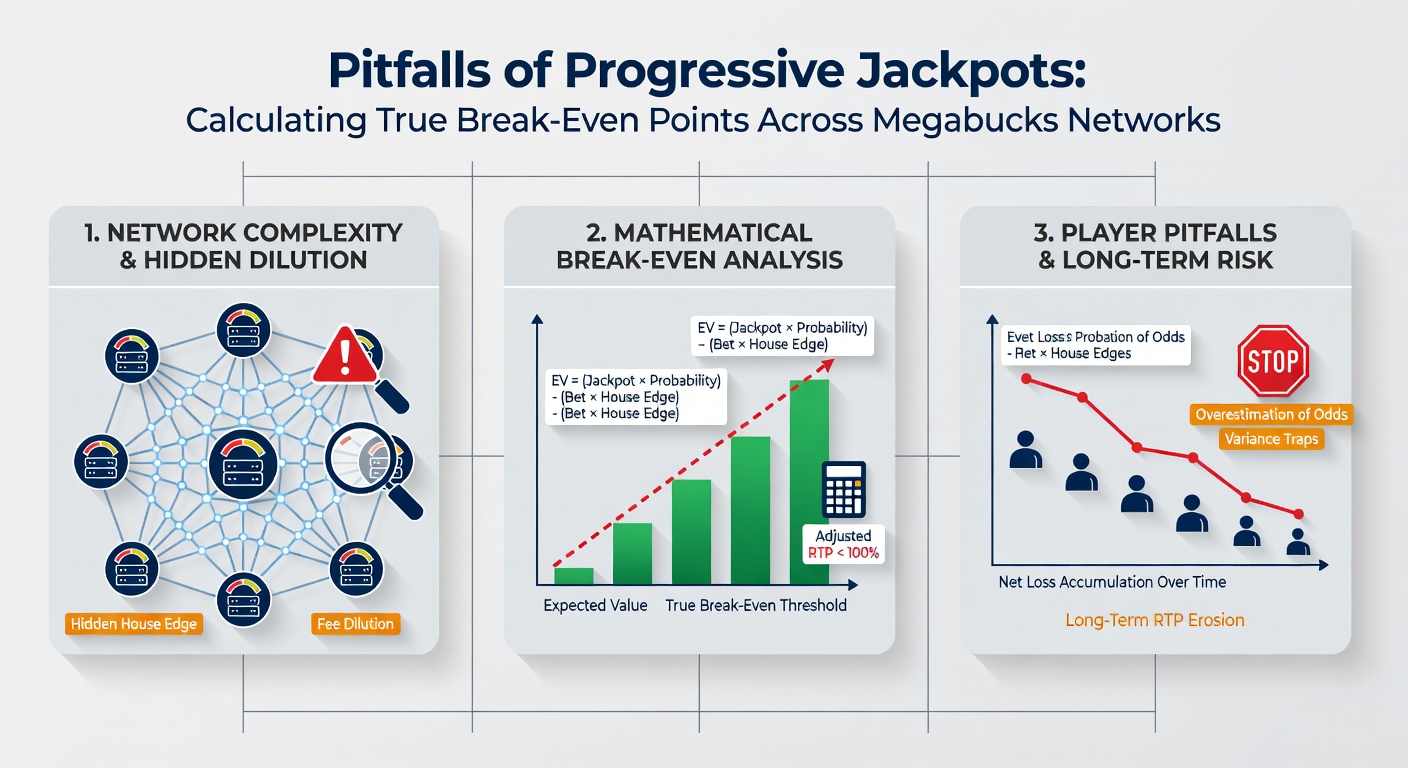 Close-up of a calculator overlay on a progressive jackpot payout table, highlighting break-even formulas and network contribution percentages amid slot reels