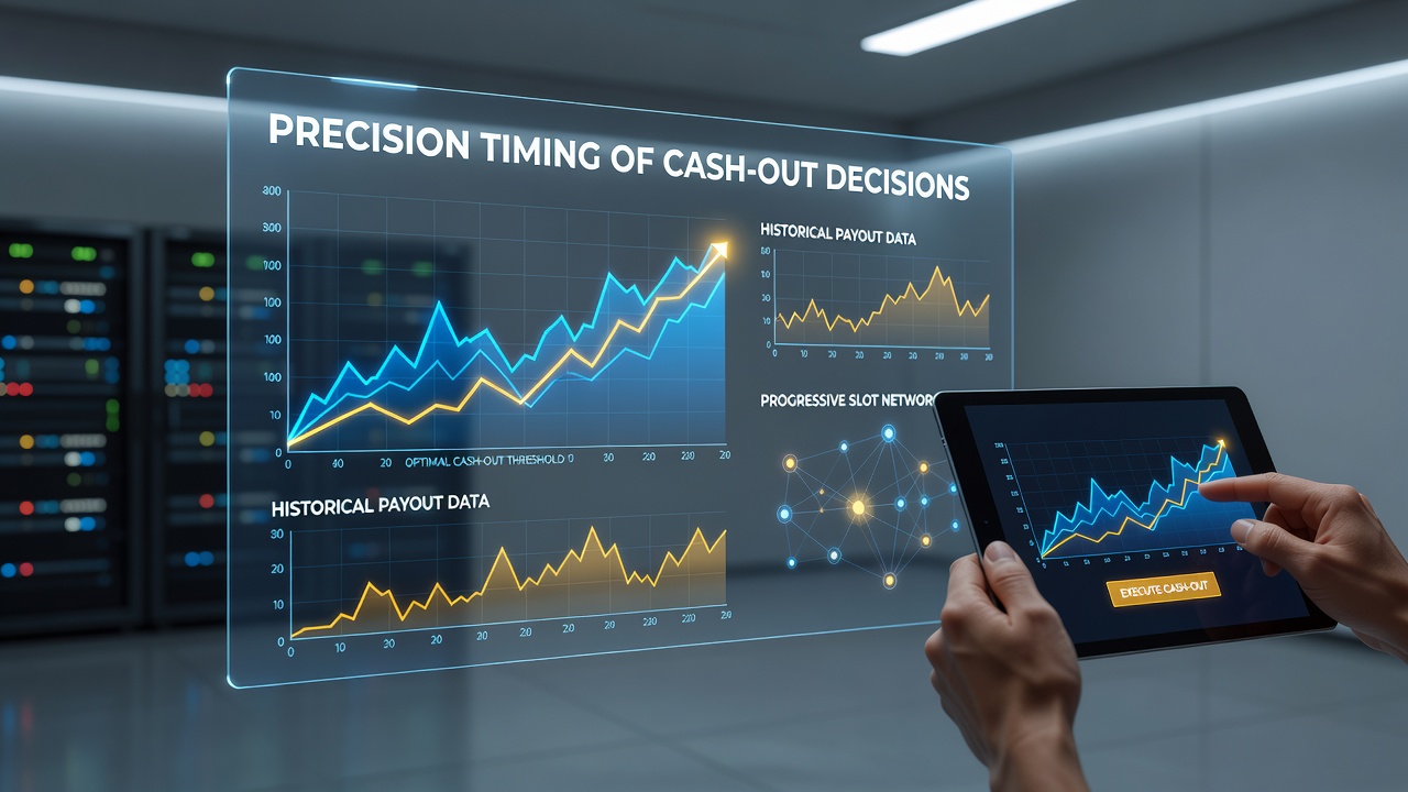 Progressive slot machines connected in a network with data overlays showing payout histories and cash-out timing indicators