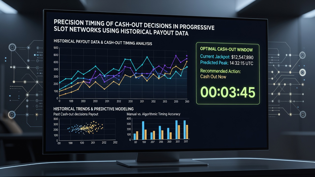 Data visualization charts displaying historical jackpot payout intervals and cash-out decision thresholds overlaid on slot network performance metrics