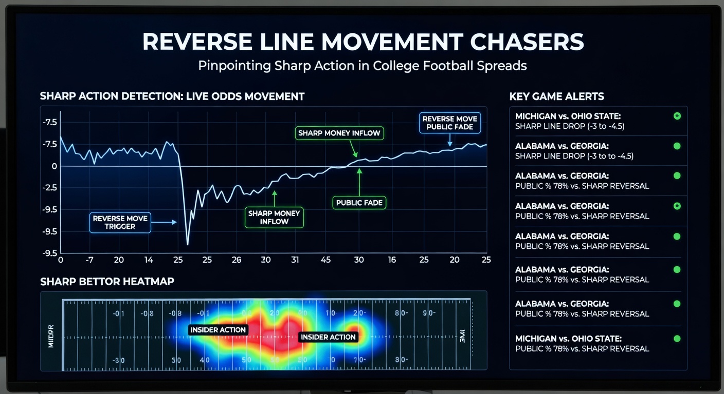 Screenshot of a betting dashboard highlighting RLM in a college football matchup, with percentages and line history