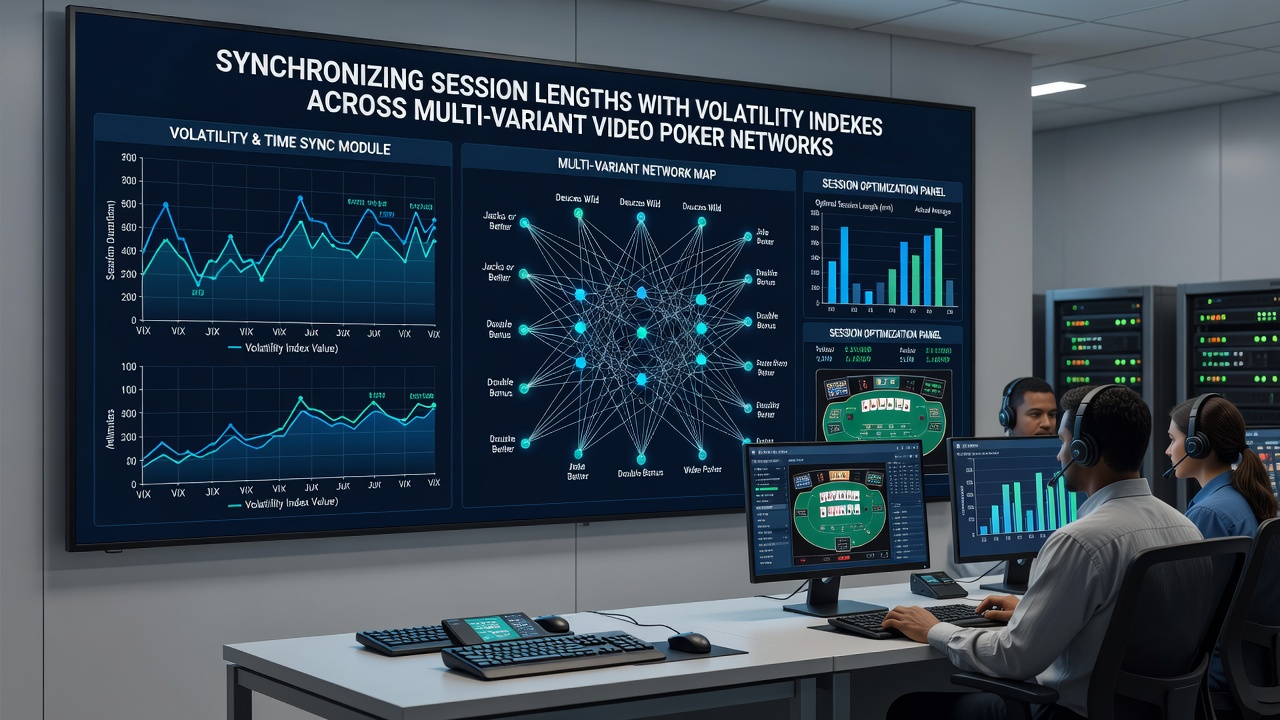 Network dashboard showing synchronized session timers and volatility curves for different video poker variants