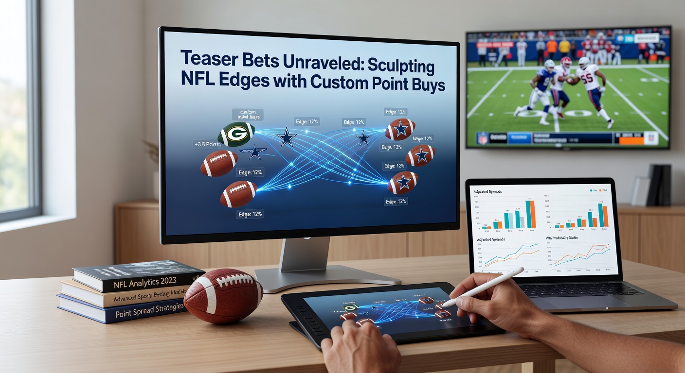 Chart illustrating historical NFL teaser performance with custom point buys versus standard, highlighting edge gains on key numbers