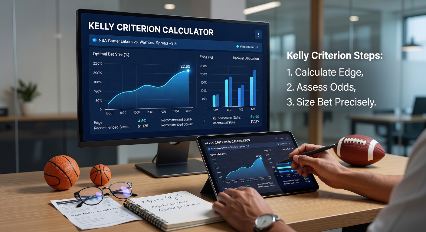 Sports bettor at a desk analyzing Kelly Criterion calculations on multiple screens with betting lines