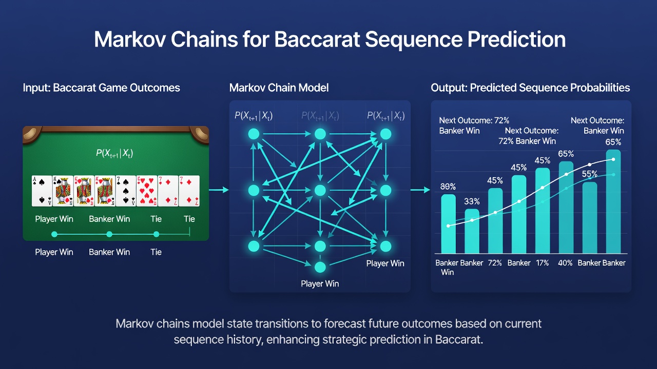 Flowchart illustrating transition probabilities between baccarat outcome states based on remaining deck composition