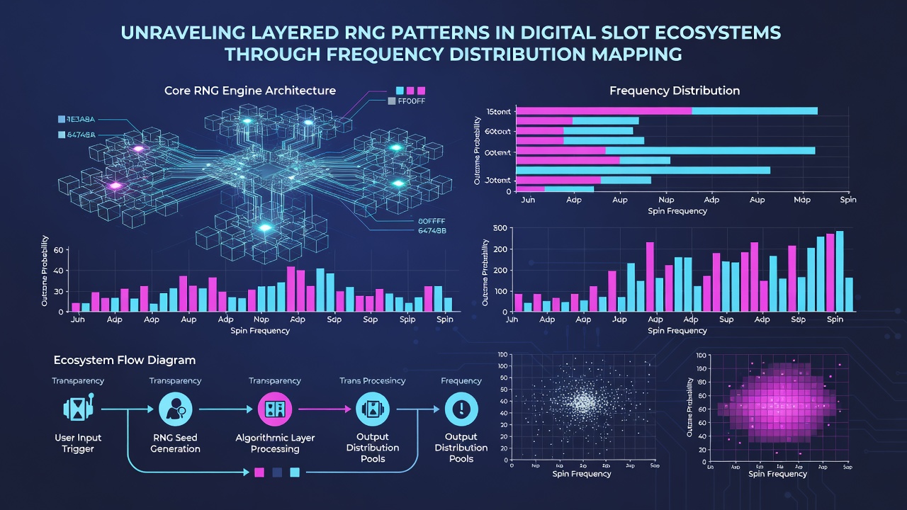 Analytical dashboard displaying layered RNG frequency histograms with overlaid distribution curves from slot ecosystem testing