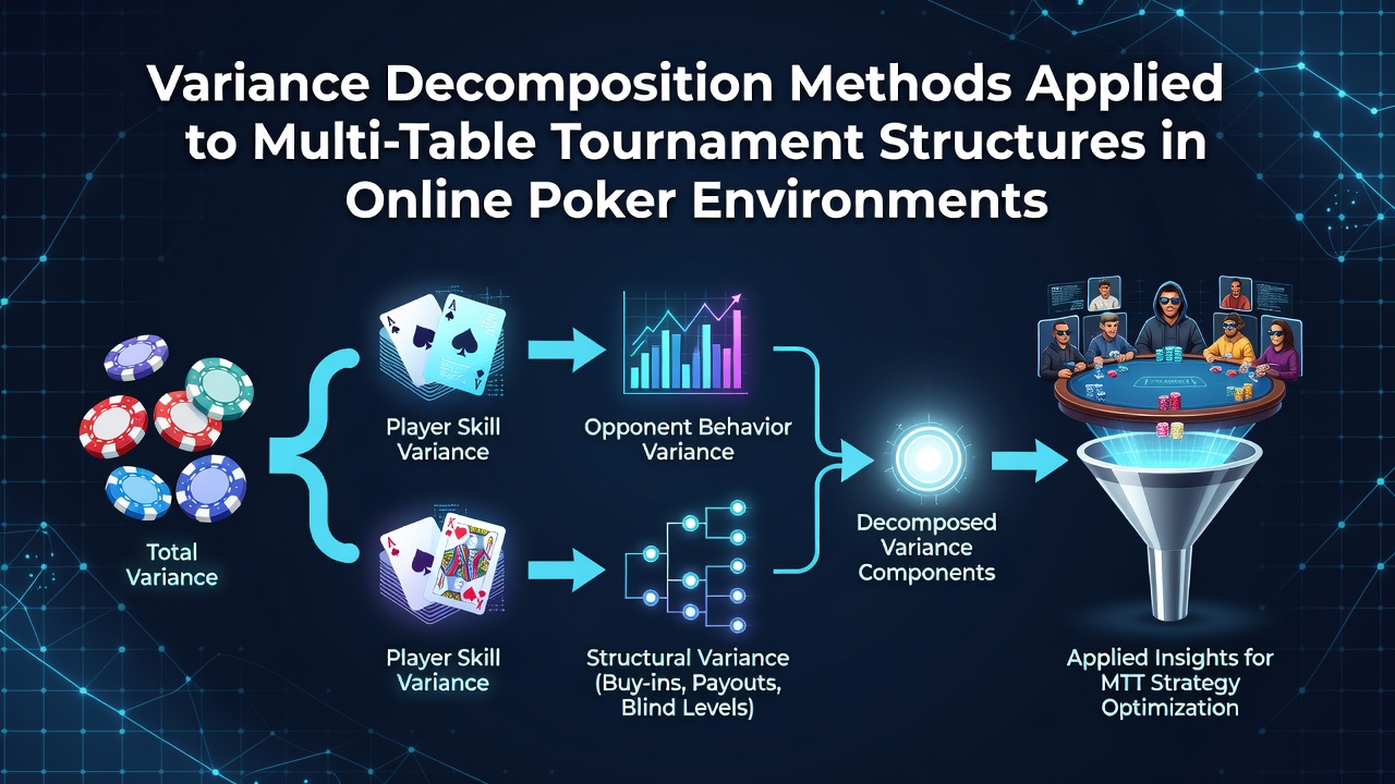 Statistical charts displaying variance decomposition across multi-table poker tournament brackets