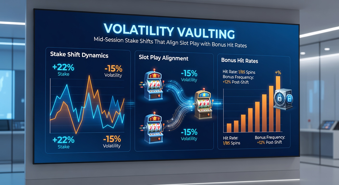 Screenshot of a slot machine bonus round with overlaid stake shift indicators, highlighting a mid-session vault from low to high bet during a volatility reset